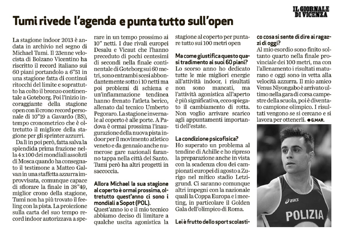 Michael Tumi Giornale Vicenza 29_11_13 - Fiamme Oro Atletica